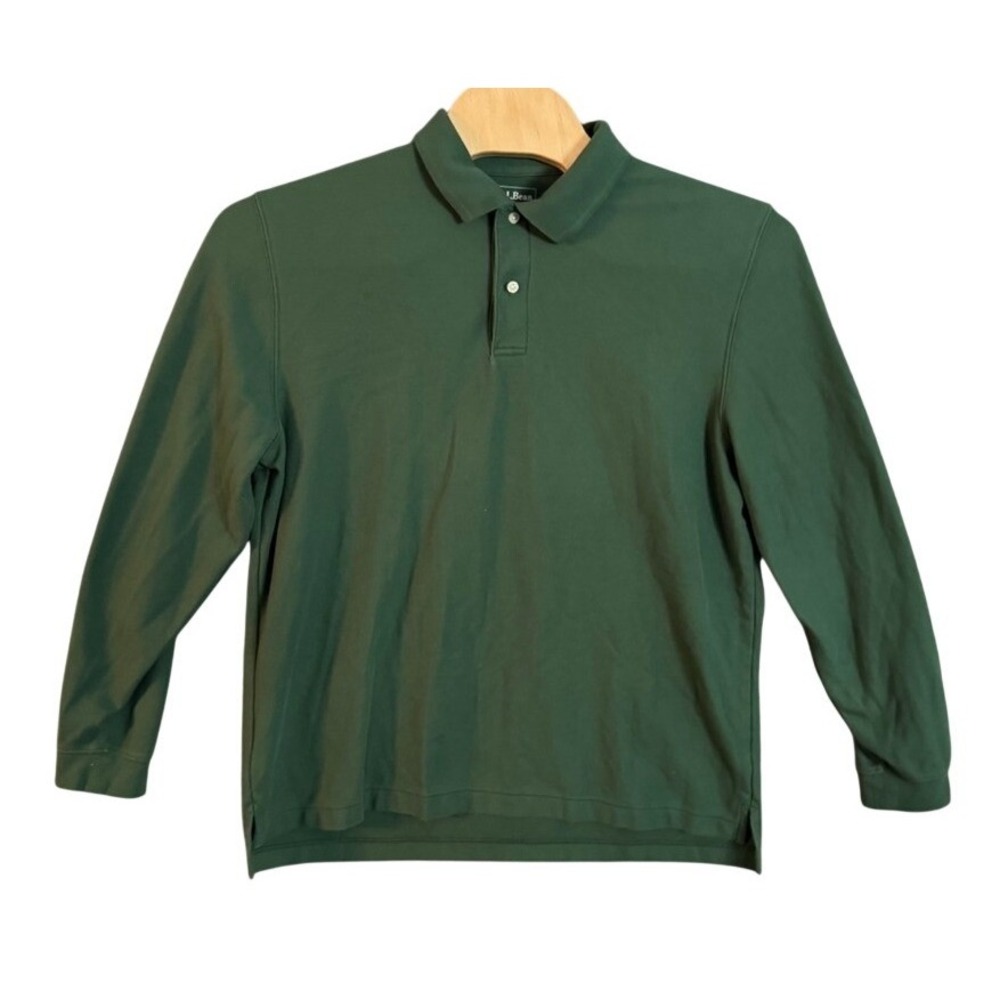 LL Bean Mens XL Regular Long Sleeve Polo Shirt Green Cotton Traditional Fit 300